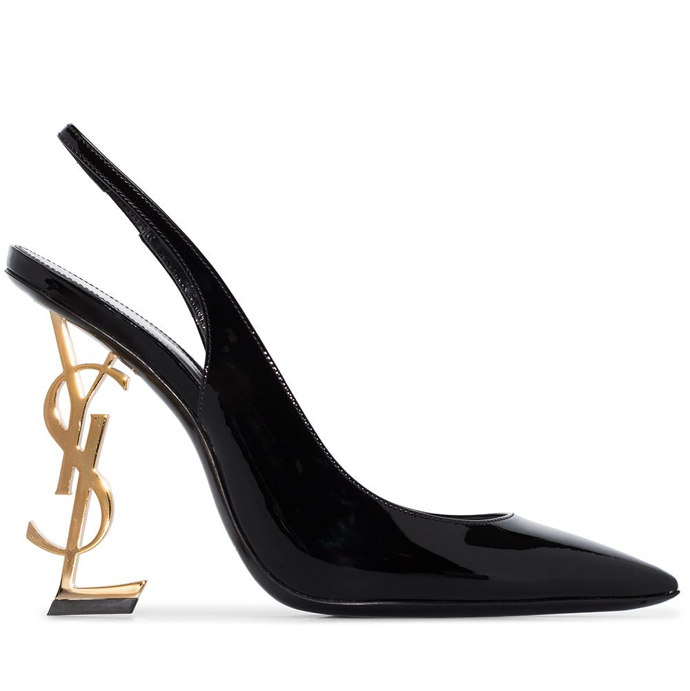 Saint Laurent Opyum 110 Patent Leather Slingback Pumps in black featuring a pointed toe