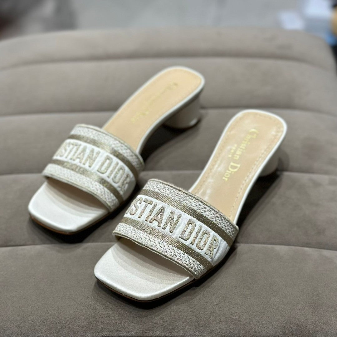 Dior Or Dway Heeled Slide, crafted from cotton embroidered with metallic thread