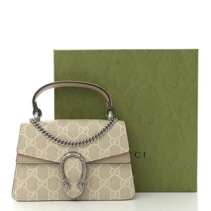 Gucci Dionysus Mini Top Handle Bag in GG Supreme canvas with light leather trim and silver-toned tiger-head hardware