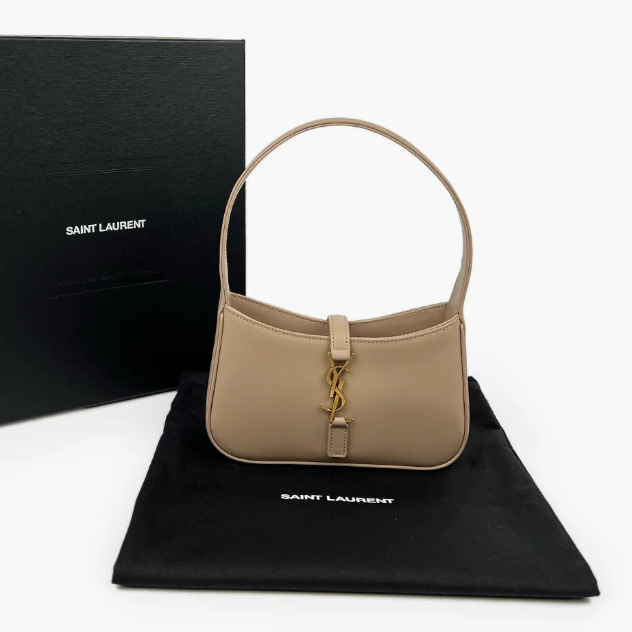 Saint Laurent Le 5 à 7 Small / Mini Hobo Shoulder Bag in a taupe or beige smooth leather finish with bronze-tone