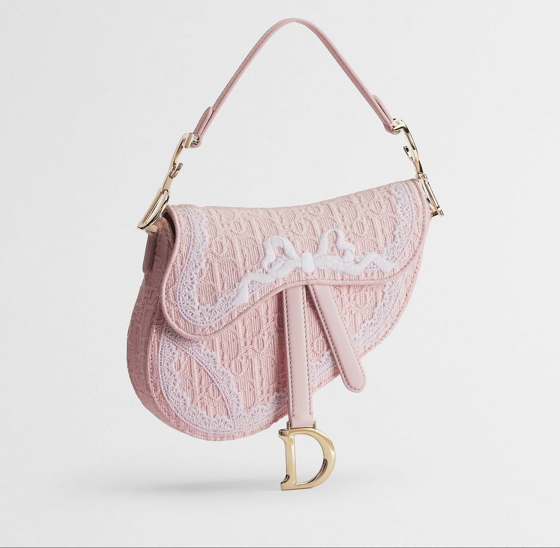 Dioramour Small Saddle Bag with Strap in Soupir Pink Dior Oblique Embroidery and White Lace