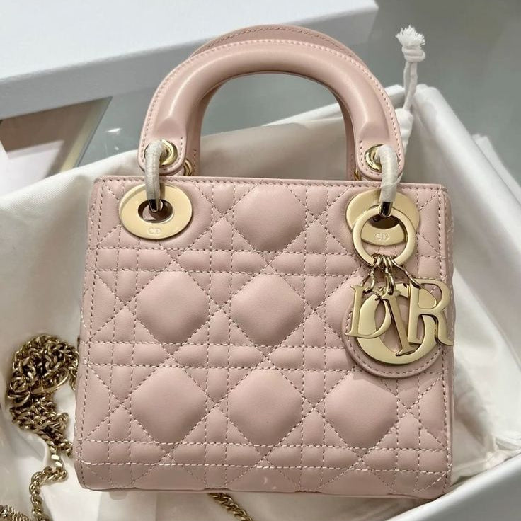 Mini Lady Dior Bag in Powder Pink Cannage Lambskin with pale gold-finish hardware