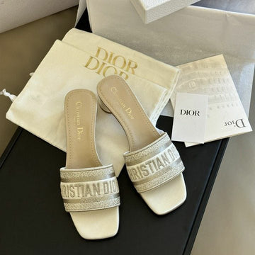 Dior Or Dway Heeled Slide, crafted from cotton embroidered with metallic thread