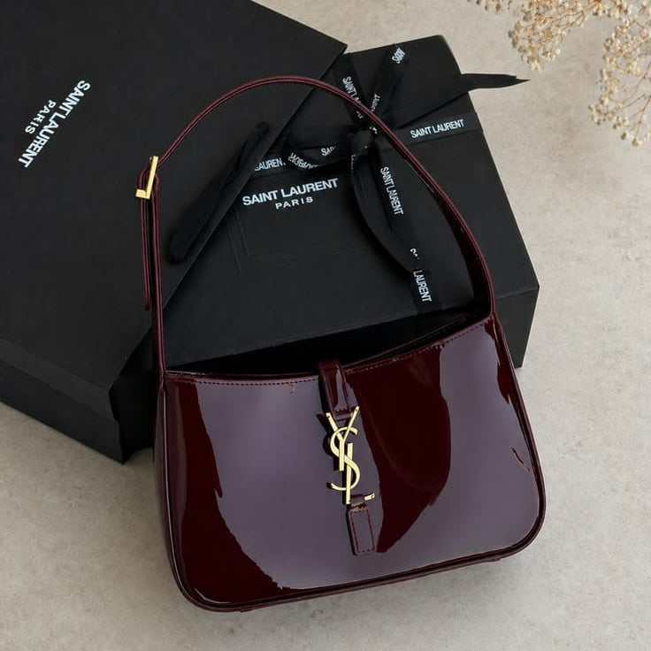 Saint Laurent Le 5 à 7 Patent Leather Shoulder/Hobo Bag in a dark red, burgundy, or grenade colorway
