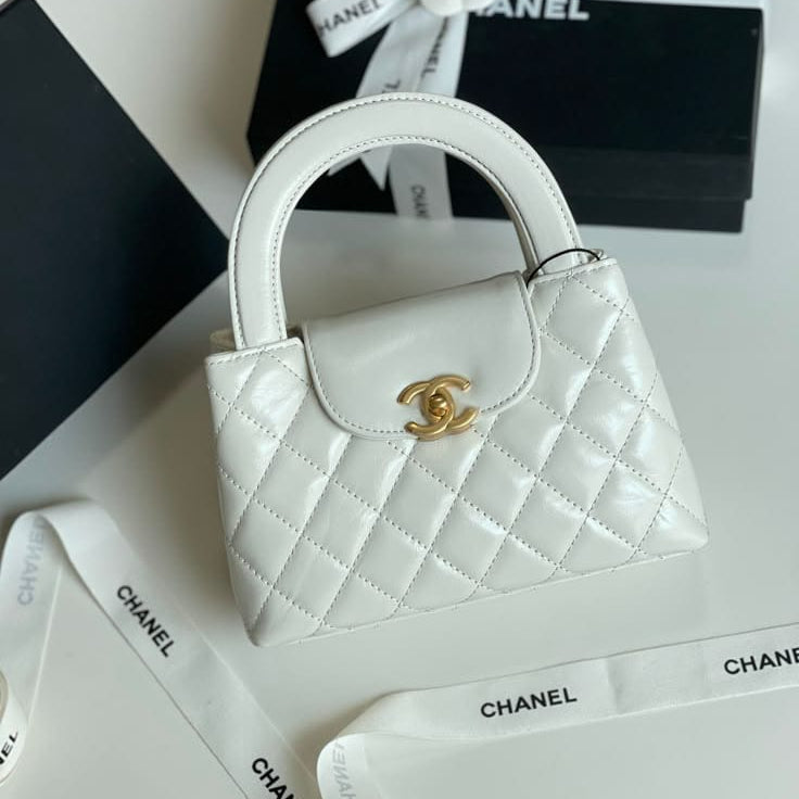 Chanel White Quilted Shiny Aged Calfskin Nano/Mini Kelly Shopping Bag