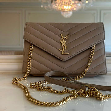 Saint Laurent Cassandre Envelope Chain Wallet in a beige/taupe chevron-quilted leather finish