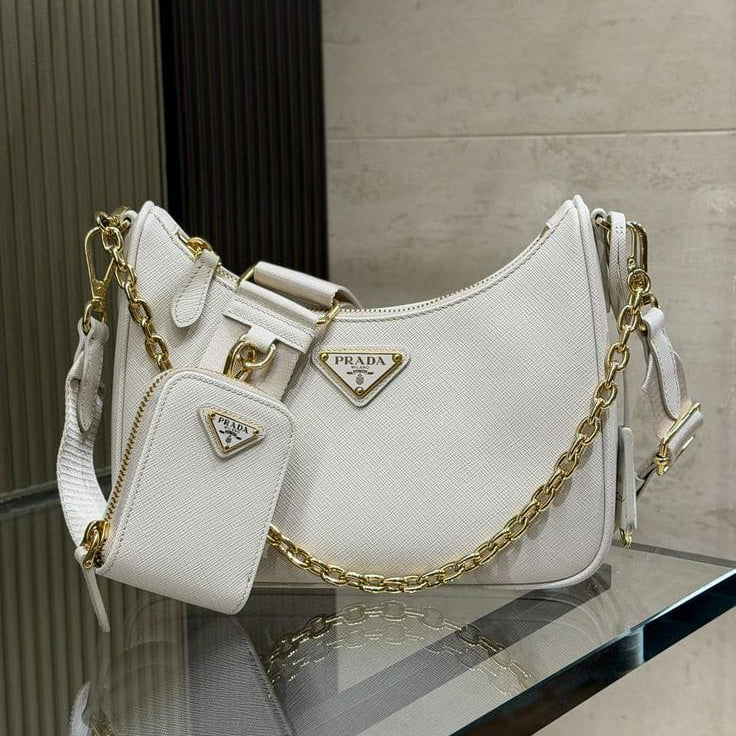 white Prada Re-Edition 2005 Saffiano Leather Shoulder Bag.
