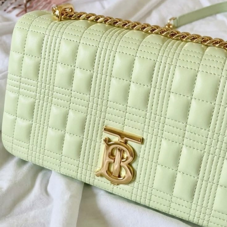 Burberry Small Lola Padded Shoulder Bag in a pistachio or mint green lambskin leather with a gold-tone