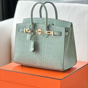 Hermès Birkin Sellier bag in Vert d'Eau (light sage green) matte alligator or crocodile leather with gold hardware