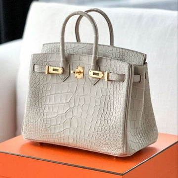 Hermès Birkin 25 handbag crafted in Béton matte alligator leather with gold-plated hardware