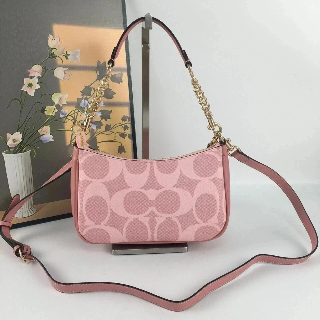 pink Coach Teri Shoulder Bag in signature coated canvas with gold-tone hardware