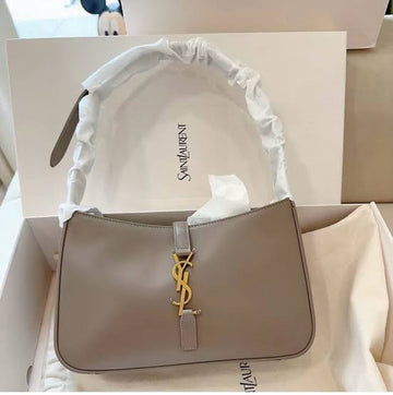 Saint Laurent Le 5 à 7 Small / Mini Hobo Shoulder Bag in a taupe or beige smooth leather finish with bronze-tone
