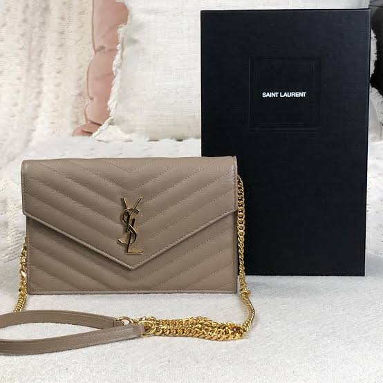 Saint Laurent Cassandre Envelope Chain Wallet in a beige/taupe chevron-quilted leather finish
