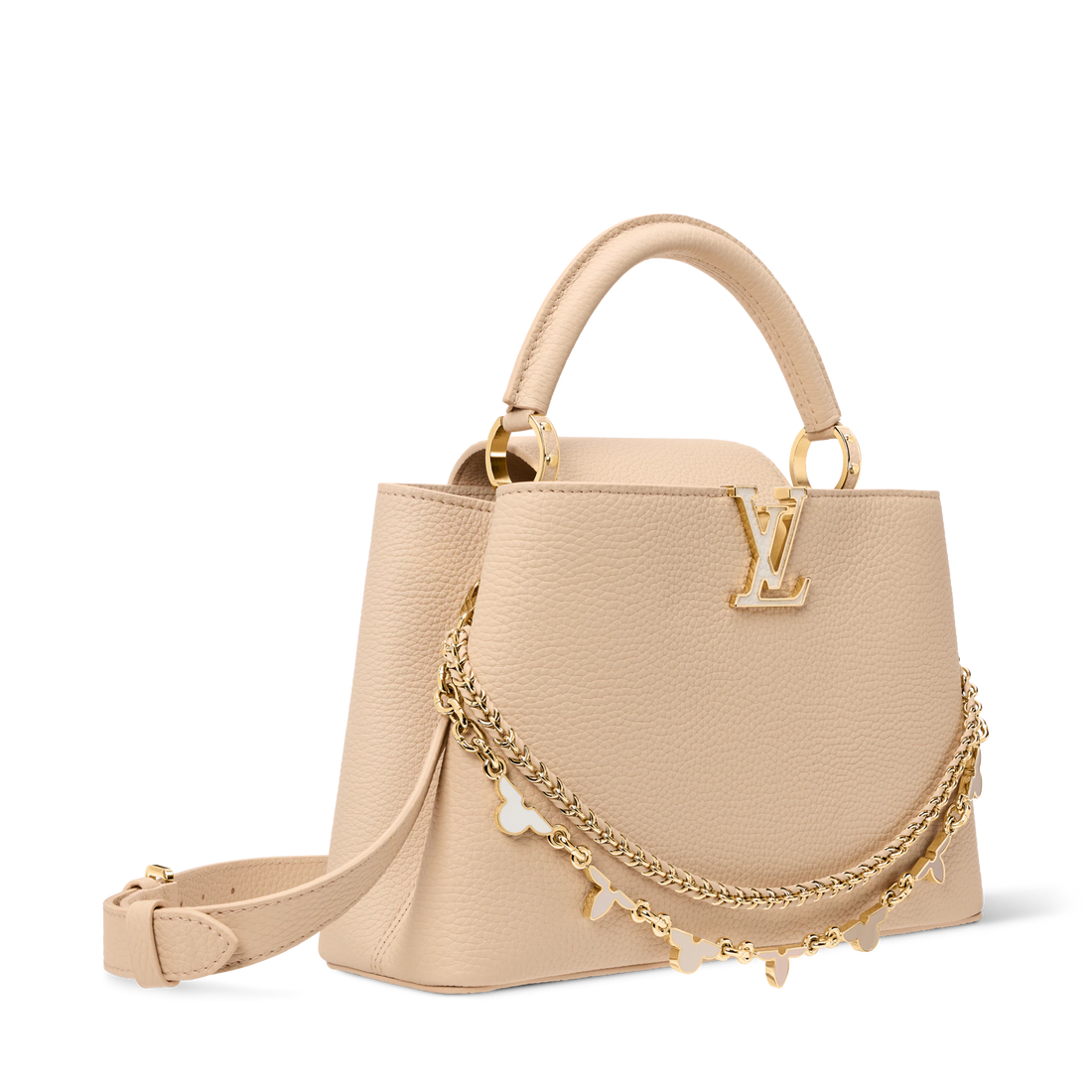 Louis Vuitton Taurillon Enamel Flower Chain Capucines BB in a beige, yellow, and creme colorway